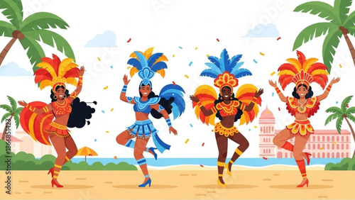 A vibrant illustration of four women in colorful costumes dancing on a beach with palm trees and confetti.