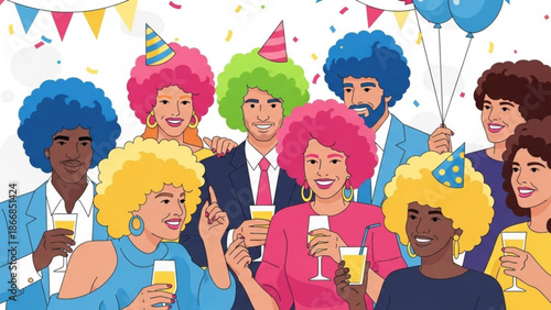 A vibrant illustration of a diverse group of people celebrating a party with colorful decorations and drinks