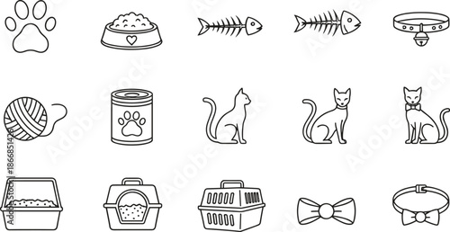Minimalist black and white line art vector collection of cat care icons featuring feline silhouettes, pet food bowls, carriers, collars, and grooming accessories.