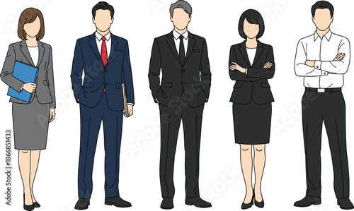 business team standing, professional office people, corporate staff, men and women, teamwork concept, flat design, modern workplace illustration