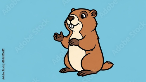 A cartoon beaver standing on its hind legs with a cheerful expression on a blue background