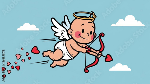 A cute cartoon cherub flying with a bow and arrow, surrounded by hearts and clouds.