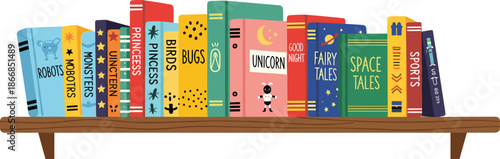Colorful, children, story, books, on, wooden, shelf, with, fantasy, science, fairy, unicorn, space, tales, for, kids, reading, education, illustration, vector