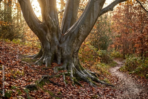 Ancient tree in autumn forest, winding leaf-covered path, golden sunlight filtering through woodland, peaceful nature trail in fall season
