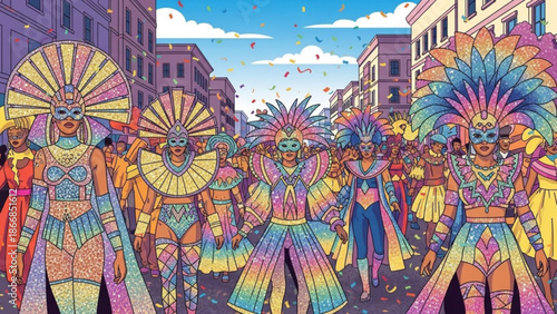 A vibrant illustration of people in colorful costumes and headdresses dancing in a city street