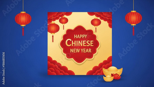 A vibrant illustration of a Happy Chinese New Year greeting card with red lanterns and gold coins