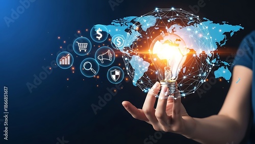 Human hand holding glowing digital global network innovation concept