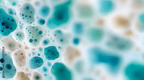 An abstract macro shot of colorful bubbles. The image is filled with various sizes and shapes of bubbles with a mix of blue and white tones