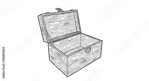 Detailed line art drawing of an open wooden treasure chest with metal hinges and a latch, showing the grain of the wood.