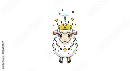 Sweet little sheep wearing a unicorn horn with a sparkling star and a golden crown, adorned with a star-shaped necklace.