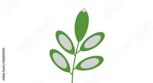 Minimalist graphic of a green plant stem with oval-shaped leaves in shades of grey and green, topped with a small grey bud.