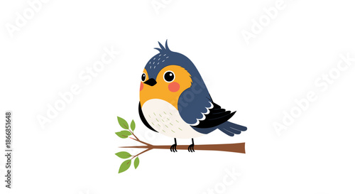 Small blue and orange bird perched calmly on a thin brown branch with a few green leaves, set against a white background.