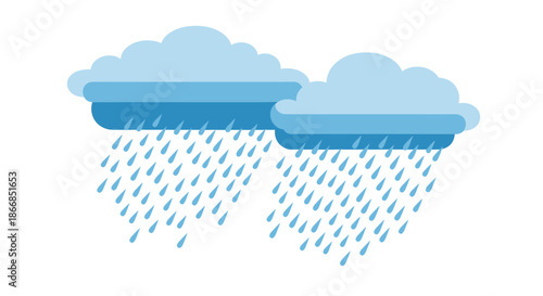 Simplified illustration of two blue rain clouds with raindrops falling, representing rainy weather and the water cycle in nature.