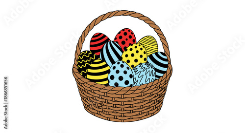 Woven brown wicker basket overflowing with colorful Easter eggs decorated with various patterns like stripes, dots, and waves.