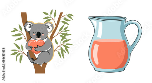 Cute cartoon koala holding a red heart sitting on an eucalyptus tree next to a glass pitcher filled with orange juice.