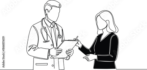 Doctor and patient signing medical form, healthcare agreement, consultation scene, legal consent, hospital paperwork, clinic meeting, line art vector