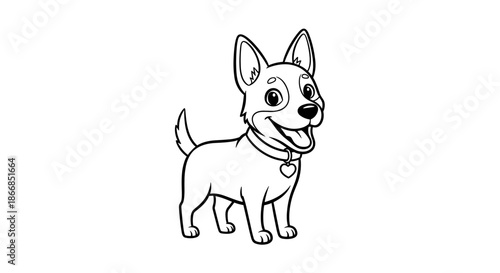 Happy puppy dog standing with its tongue out and wearing a heart shaped collar tag line art for children coloring book.