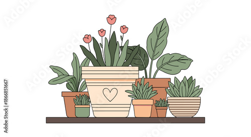 Variety of indoor house plants in different ceramic pots arranged neatly on a dark wooden shelf against a white background.
