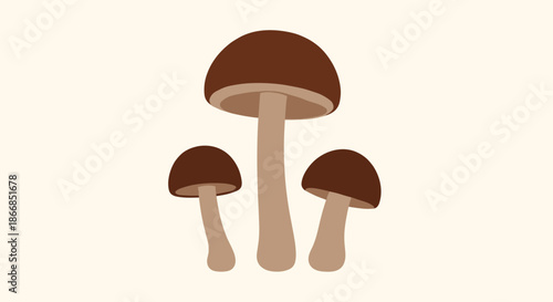 Trio of edible brown mushrooms with different sizes and heights standing together on a light beige background in a flat design style.