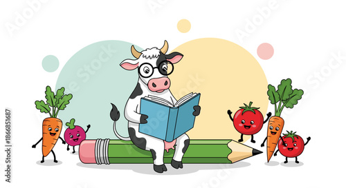 Studious cow wearing glasses sitting on a giant green pencil and reading a book surrounded by happy dancing vegetables.