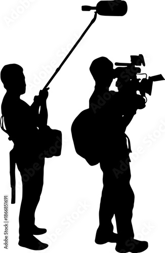 Silhouette of a professional film crew with cameraman and boom operator working