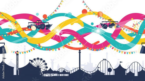 A colorful vector graphic illustration of an amusement park with rides and lights