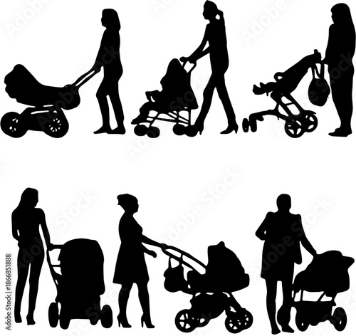Set of mother silhouettes walking and pushing baby strollers or prams