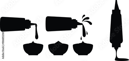 Sauce Bottle Pouring Liquid Silhouettes Set Condiment Drip Black Vector Icons