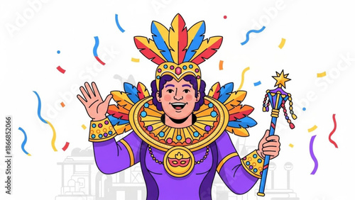 A colorful cartoon illustration of a man dressed in a vibrant feathered costume, waving and holding a staff, surrounded by confetti.