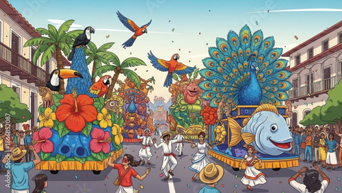 A vibrant and colorful illustration of a festive parade with people dancing and floats decorated with tropical flowers and animals.