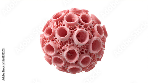 a pink object with many holes arranged in a spherical shape