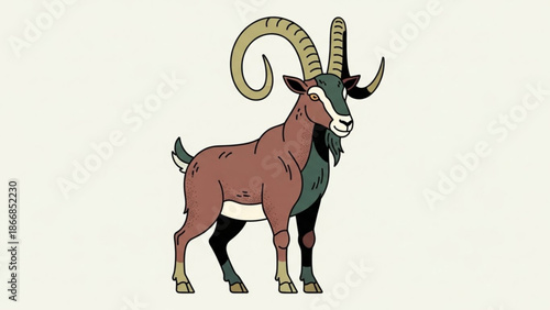 A colorful cartoon illustration of a goat with large curved horns and brown fur