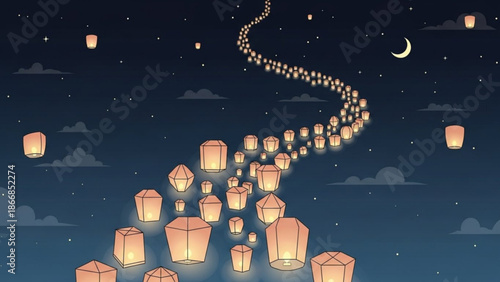 A serene and peaceful vector illustration of glowing lanterns floating in the night sky