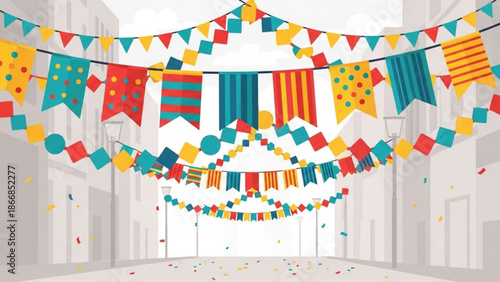 A colorful illustration of a festive street scene with hanging banners and confetti