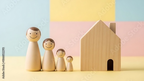Wooden toy family set with smiling peg people and house isolated