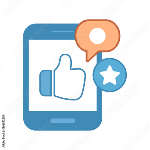 Smartphone with a thumbs up and star representing customer feedback and online reputation