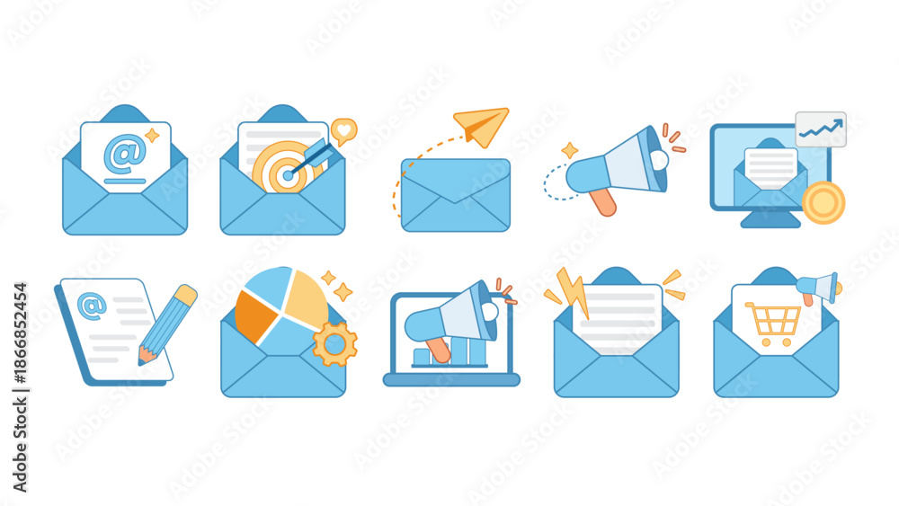 Fototapeta premium Icon set illustrating email marketing automation, newsletter subscription, direct mail campaigns, and communication analytics