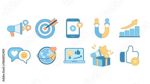 Creative icon collection representing social media engagement, community building, viral content, and online influence