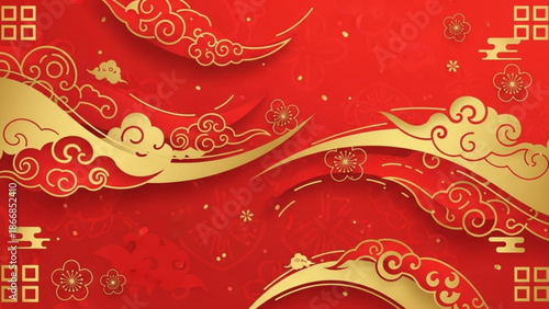 A vibrant red and gold vector graphic illustration featuring intricate cloud and floral designs