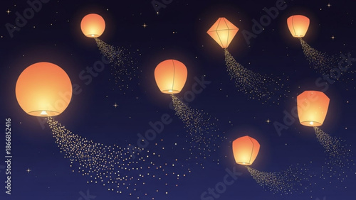 A vector graphic illustration of glowing lanterns floating in the night sky with sparkling trails