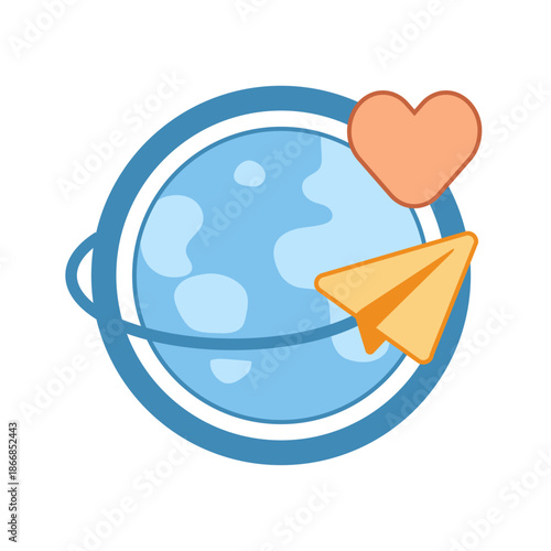 World globe with a paper plane and heart icon symbolizing global communication and social media reach