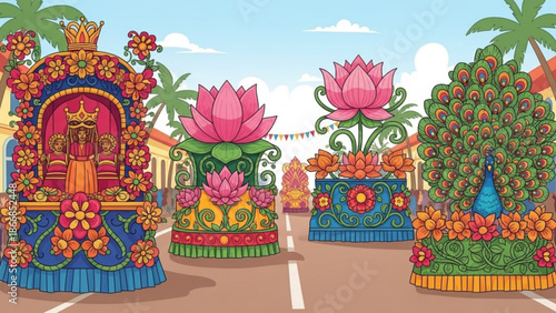 A vibrant and colorful illustration of a festival float parade with ornate decorations and floral designs