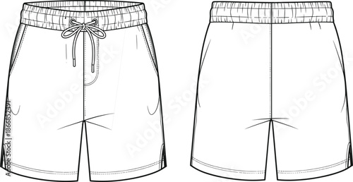 Men athletic shorts technical fashion illustration front and back views outline vector for apparel design sewing pattern production use templates