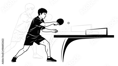 A young man in a black outfit playing tenis meja with a paddle and ball in mid-air against a white background with a subtle faded duplicate.