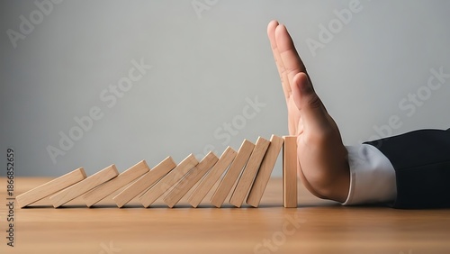 Hand stopping falling wooden domino pieces on table surface