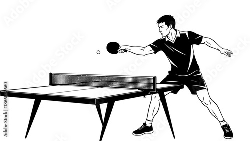 A male athlete in a black uniform plays Tenis Meja with a paddle and ball on a table with a solid white background.