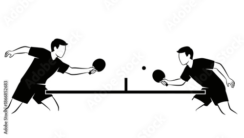 Two men playing Tenis Meja with black rackets and a ball on a table with a white background in a competitive sports setting.