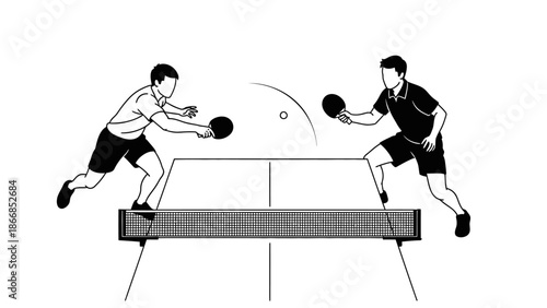 Two men playing Tenis Meja with black rackets on a gray table with white background.