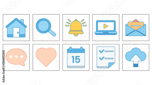 A series of user interface icons featuring a combination of thin dark blue outlines and soft colored fills for high clarity and aesthetic appeal
