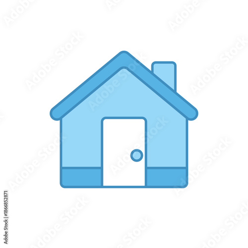 Blue line art illustration of a residential house with a chimney and door representing homepage or real estate